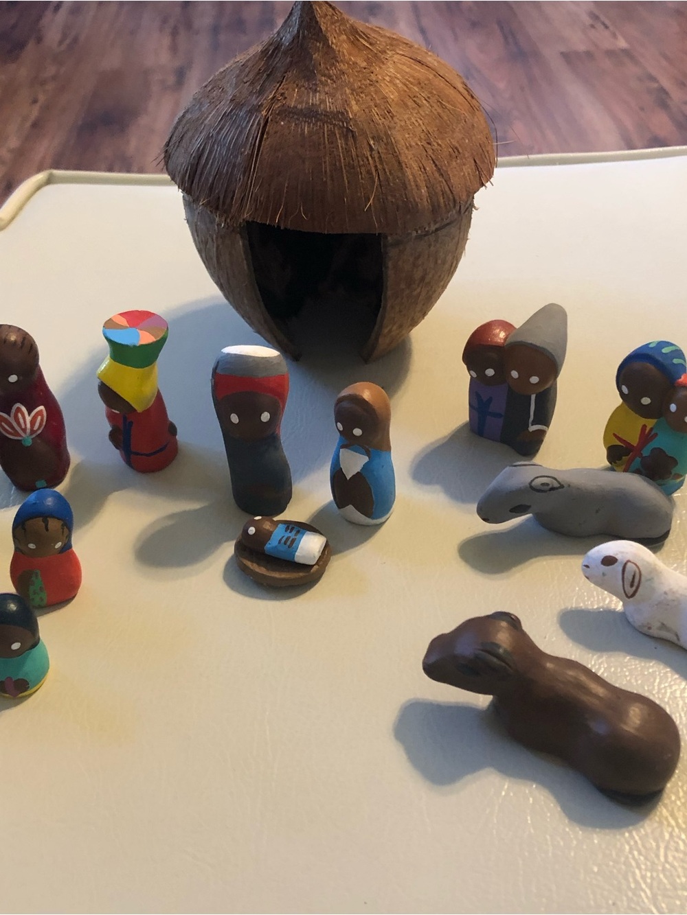 Charming Vintage Haitian Clay & Coconut Shell Nativity Set